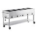 A Backyard Pro outdoor liquid propane steam table with five pans in a stainless steel container.