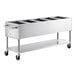 A stainless steel Backyard Pro mobile liquid propane steam table with five compartments on a counter.