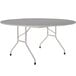 A round Correll folding table with a gray top and gray legs.