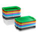 A green Vigor bus tub lid on a stack of colorful plastic containers.