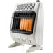 A white HeatStar infrared vent-free radiant liquid propane space heater with orange flames and a black cage.