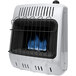 A white HeatStar natural gas space heater with blue flames behind bars.