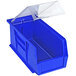 A Quantum blue plastic bin with a clear plastic lid.