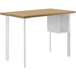 A white HON Coze desk with a natural wood surface and U-storage shelves.