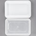 Two white Pactiv rectangular plastic containers with lids.