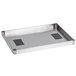 A solid stainless steel rectangular shelf with two holes in it.