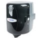 A black plastic Merfin center pull towel dispenser with a white label.