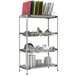 A MetroMax metal drying rack shelf with dishes and pans on it.