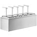 A white rectangular stainless steel ServSense condiment dispenser with 5 metal containers and 5 plastic pumps.
