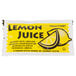 A yellow package with a black lemon logo and a lemon slice, containing 4 gram lemon juice packets.
