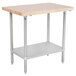 An Advance Tabco wood top work table with stainless steel legs and undershelf.