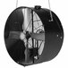 A black TPI industrial fan hanging from a chain.