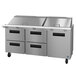 A Hoshizaki stainless steel kitchen counter with one door and three drawers.