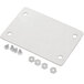 A white rectangular plastic plate with screws and bolts.