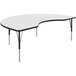 A white table with black trim and legs in a curved shape.