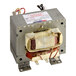 A metal-cased electrical transformer with visible copper windings, mounting brackets, and attached wires, labeled with a high voltage warning.