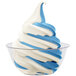 A clear bowl of swirled blue and white Frostline cookie dough soft serve.