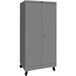 A grey metal Hallowell mobile storage cabinet with wheels.