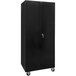 A black metal Hallowell mobile storage cabinet with solid doors and wheels.