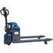 A blue and grey Wesco Industrial Products semi-electric pallet truck with a handle.