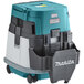 A close-up of a blue and white Makita wet/dry dust extractor with a black tray and lid.