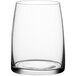 An Acopa Piatta stemless wine glass with a black rim on a white background.