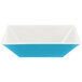 A white square melamine bowl with a blue and white design.