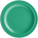 A green narrow rimmed melamine plate with a white background.