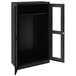 A black metal Tennsco wardrobe cabinet with open C-Thru doors.