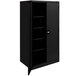 A black metal storage cabinet with solid doors.