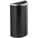 A black steel half round waste receptacle with a silver lid.