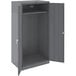 A dark gray metal Tennsco wardrobe cabinet with open doors.
