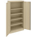 A tan Tennsco storage cabinet with open solid doors.