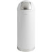 A white steel Lancaster Table & Seating decorative waste receptacle with a silver push door lid.
