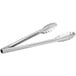 Two stainless steel Choice utility tongs with handles.
