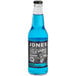 A close-up of a blue Jones Soda bottle.