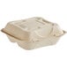 A World Centric 3-compartment compostable fiber clamshell container with a lid.