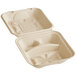 A white World Centric compostable fiber clamshell container with 3 compartments.