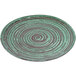 A close-up of a green and brown Elite Global Solutions melamine plate with a spiral design.
