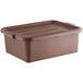 A brown polypropylene utility bin with a lid.