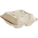 A white World Centric compostable fiber clamshell container with 3 compartments and a lid.