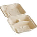 A white World Centric compostable fiber clamshell container with three compartments.