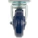 A blue Lavex swivel plate caster with a metal wheel.