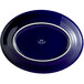 A blue oval china platter with a white rim.