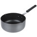 A black anodized aluminum sauce pan with a handle.