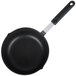 A black sauce pan with a handle.