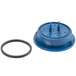 A blue plastic container with a black circle and holes and a rubber ring inside.