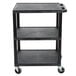 A Luxor black utility cart with three shelves and wheels.