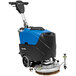 A blue and black Powr-Flite Predator floor scrubber machine with wheels and a handle.