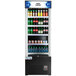 An Avantco black refrigerated air curtain merchandiser filled with soda and cans.